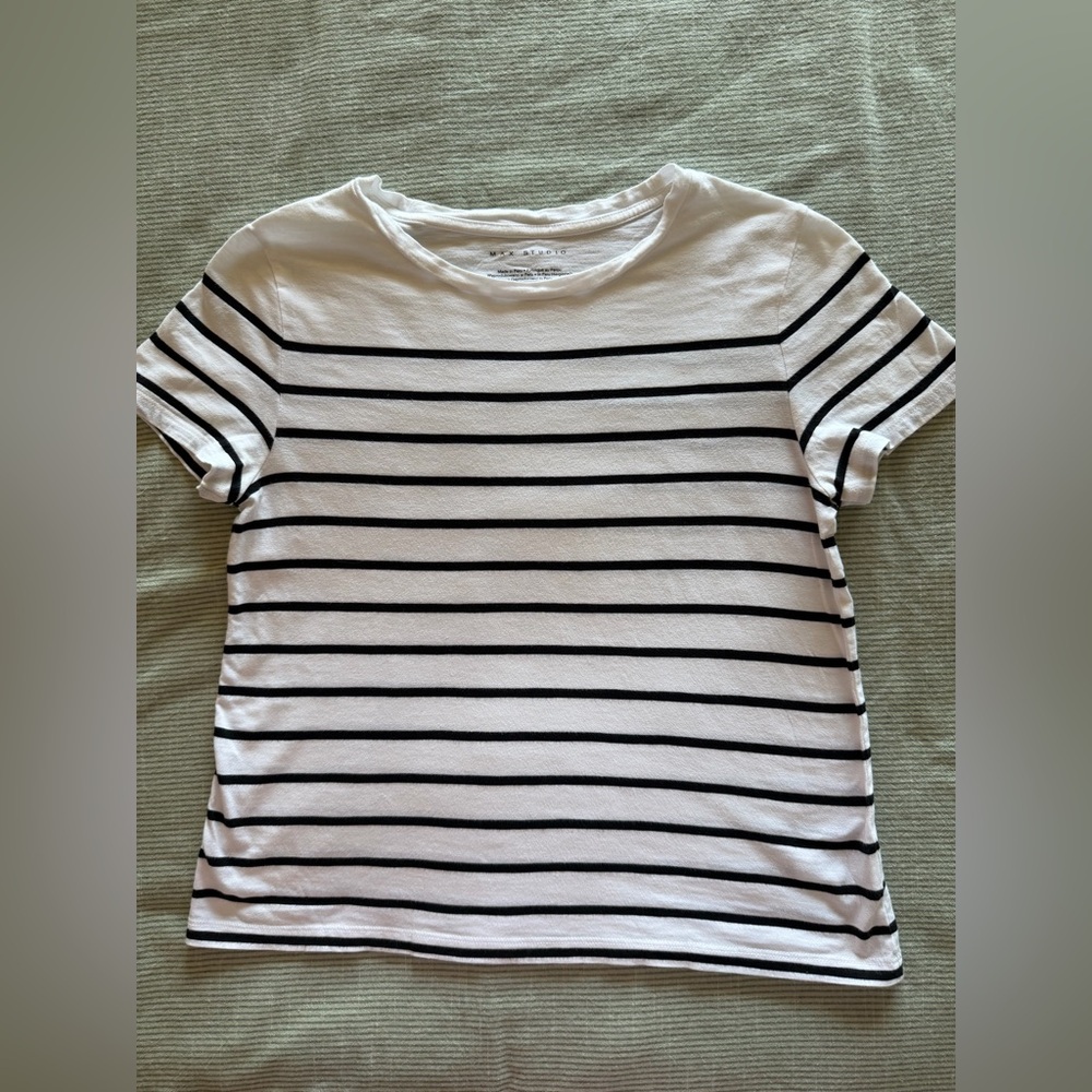 Max Studio White Tee with Black Stripes - Short Sleeve